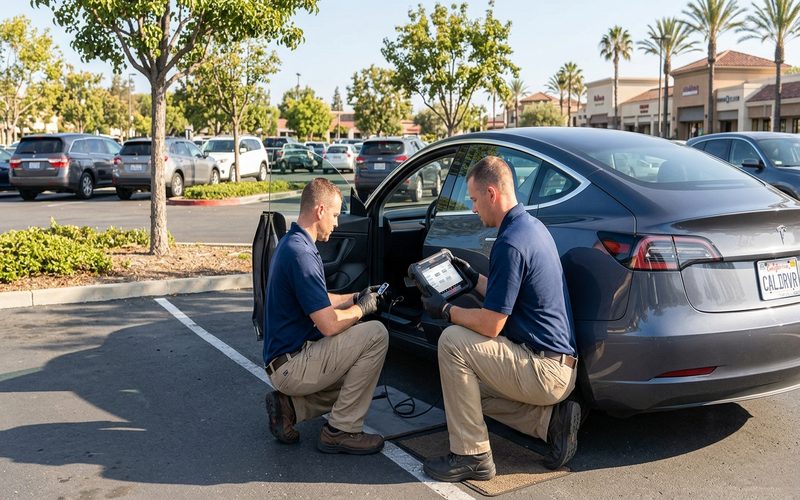 Auto locksmith using key programmer next to a car in a California parking lot near Gilroy