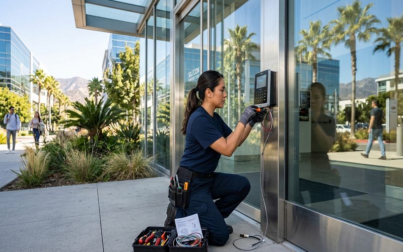 Locksmith installing commercial access control hardware on an office building entrance in South Bay California