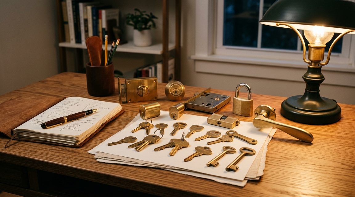 Desk with lock hardware samples, keys, and research materials used for Gilroy locksmith guide