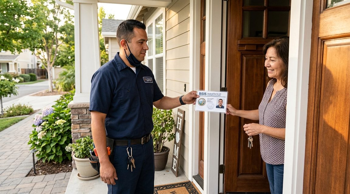 Locksmith showing BSIS credential card to homeowner at front door in Gilroy California