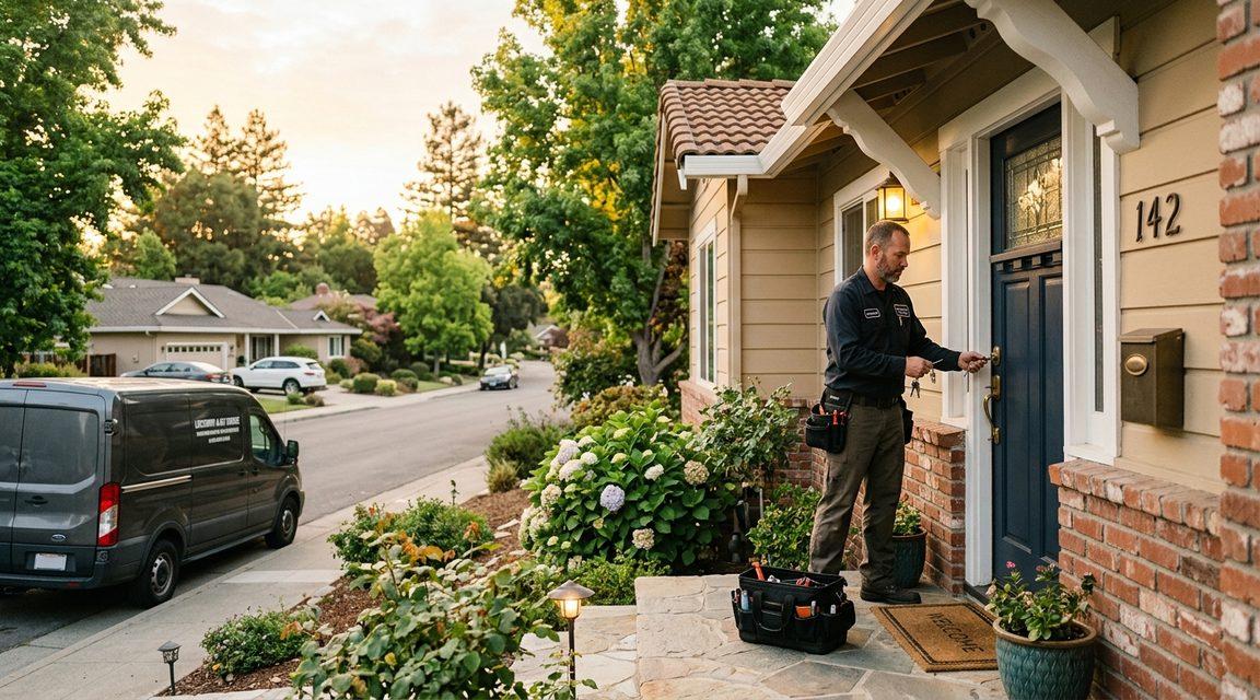 Locksmith arriving at a Gilroy residential home door for a morning service call, professional and punctual