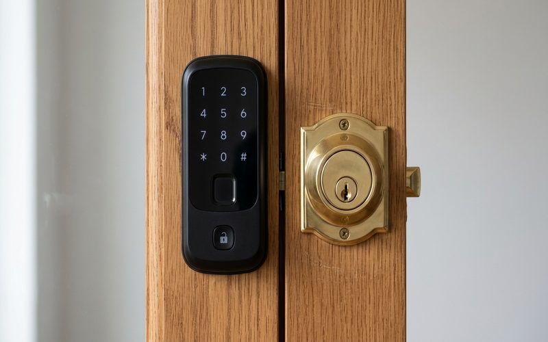 Smart lock electronic keypad next to a traditional brass deadbolt comparison