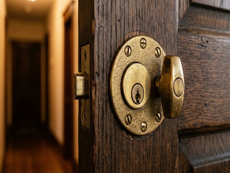 Brass deadbolt lock mechanism on a residential front door