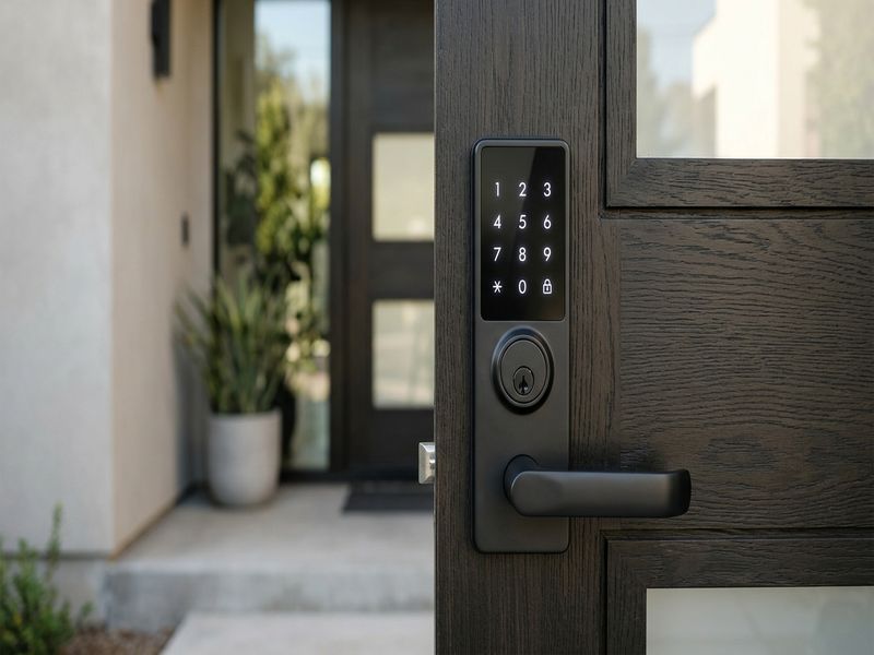 Smart lock electronic keypad installed on a modern front door