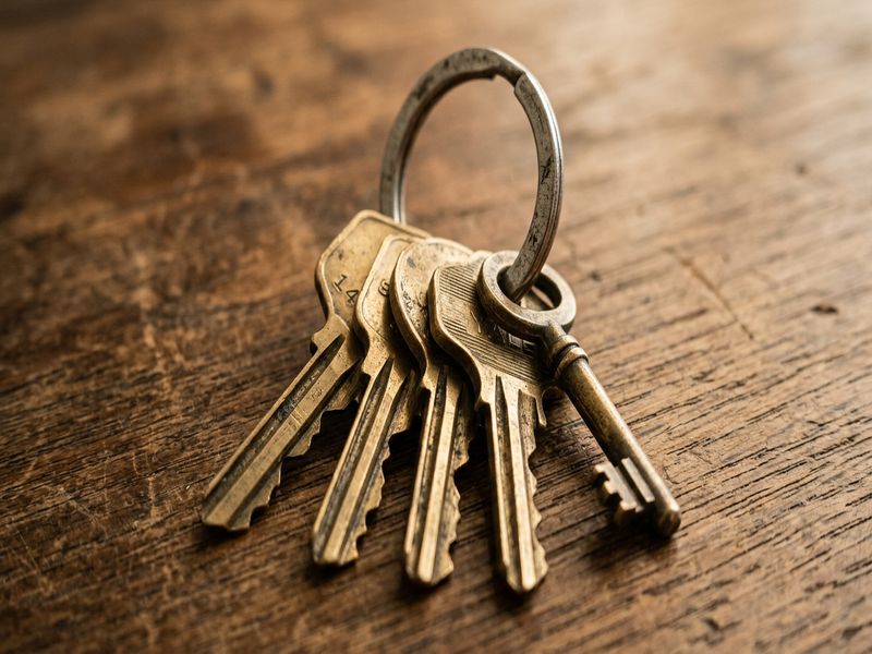 Brass house keys on a key ring, common residential locksmith hardware