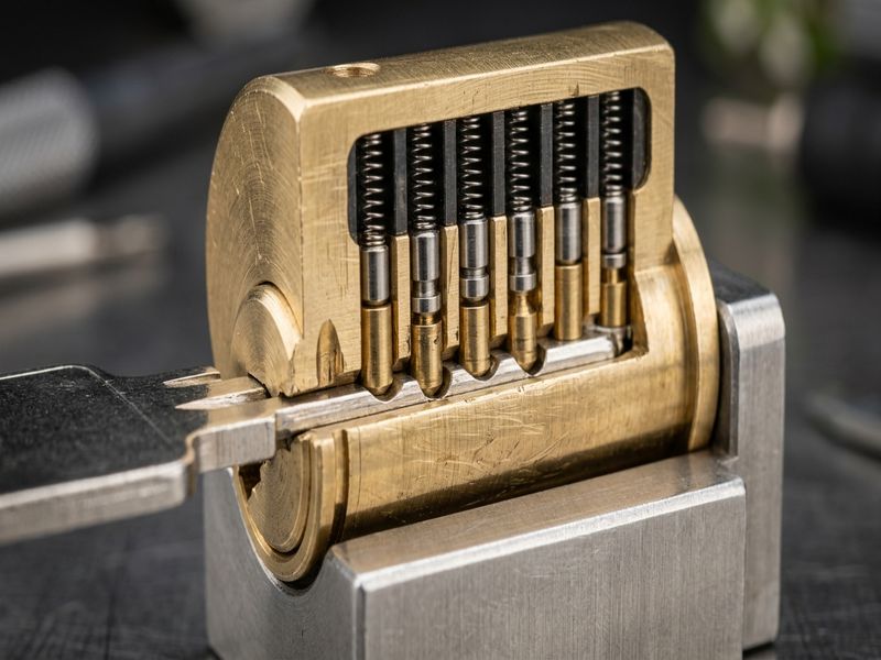 High-security lock cylinder showing internal pin configuration